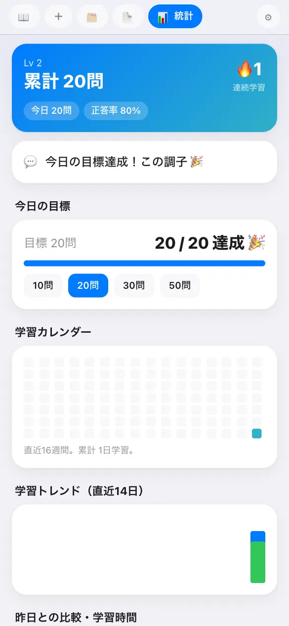 学習記録の画面。今日の目標、学習カレンダー、正答率の推移。